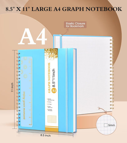 Graph Paper Notebook, Spiral Notebook Journal 8.5” x 11”, A4 Large Grid Notebooks for Women Men, 100 GSM Graph Paper, Plastic Hardcover Spiral Graphing Journals for Work School Engineerin, Blue
