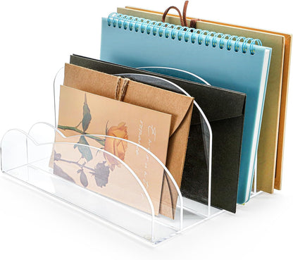 Suwimut Acrylic File Holder 5 Sections, 8.5 x 6.8 x 4.7 Inch Upright File Organizer for Desk, Clear Desktop Folder Holder Mail Letter Sorter for Home Office School Envelope Bill Filling Paper Document