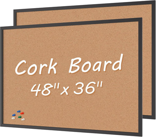 Board2by 2-Pack Cork Board Bulletin Board 36 x 48, Black Wood Framed 4x3 Corkboard, Office Board for Wall Cork, Large Wall Mounted Notice Pin Board with 32 Push Pins for School, Home & Office