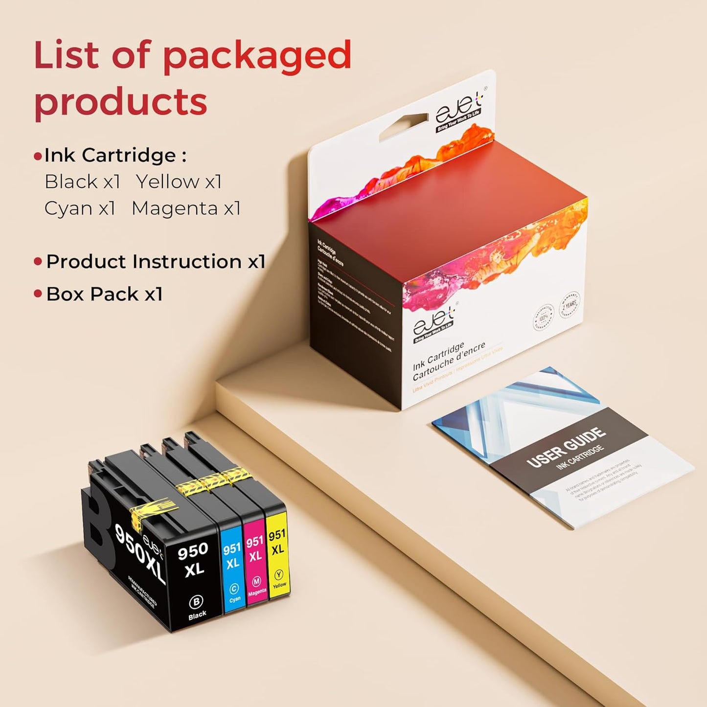 ejet 950XL and 951XL Ink Cartridges Combo Pack Compatible for HP 950 951 Ink Cartridges Combo Pack Use for OfficeJet Pro 8600 8610 8615 8620 8625 8100 8630 8660 276DW 251DW, Black Cyan Magenta Yellow