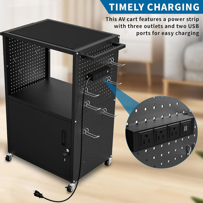 AV Presentation Media Cart Stand Up Desk with Storage Cabinet for Printer, Projector, Computers, TV, Rolling Storage Cart with Adjustable Shelves, Outlet and Cord for School Office Shop