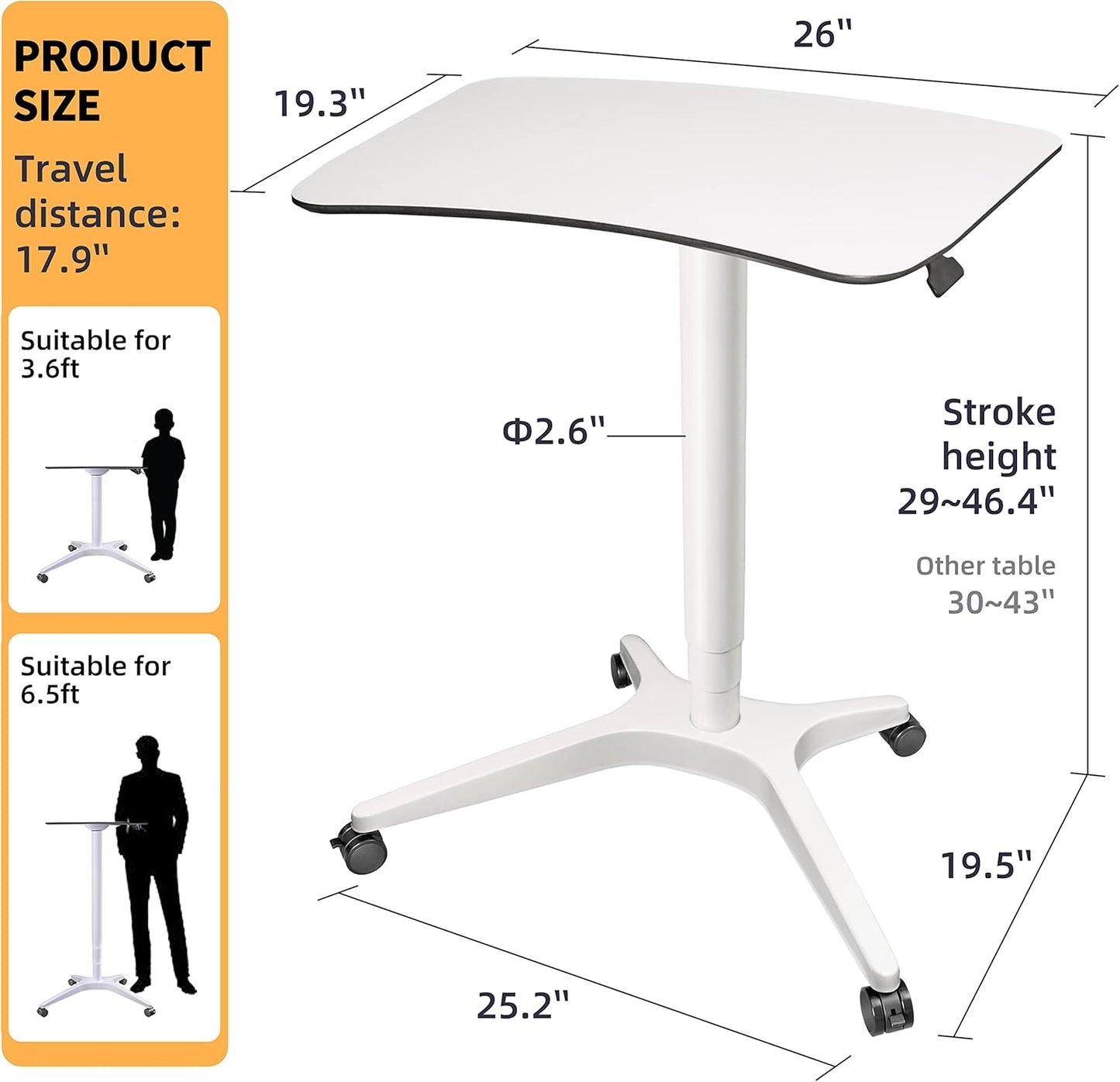 Pneumatic Adjustable Height Desk, Laptop Standing Desk, Rolling Sit-Stand Cart, Mobile Podium Portable Lectern for Home, Office& Classroom, 26" 19.3" Platform (29" to 46.9" H)，White