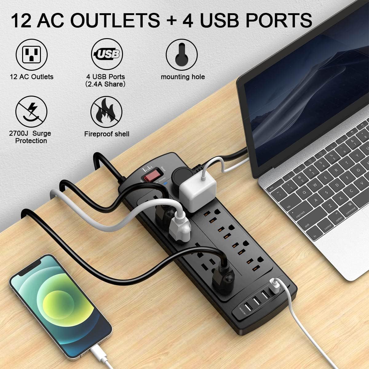 Power Strip, Tcstei Surge Protector with 12 Outlets and 4 USB Ports, 10 Feet Extension Cord (1875W/15A) for Home, Office, Dorm Essentials, 2700 Joules, ETL Listed, Black