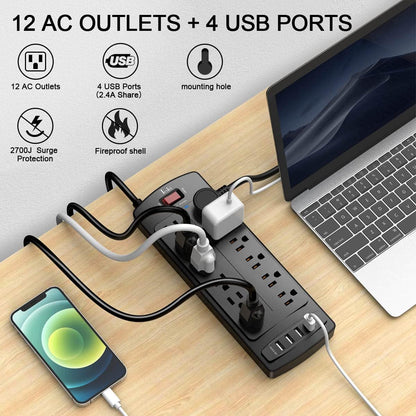 Power Strip, Tcstei Surge Protector with 12 Outlets and 4 USB Ports, 15 Feet Extension Cord (1875W/15A) for Home, Office, Dorm Essentials, 2700 Joules, ETL Listed, Black