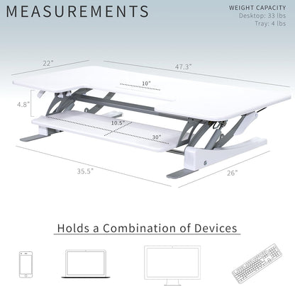 VIVO 48 inch Height Adjustable Large Stand Up Desk Converter, V Series, Quick Sit to Stand Tabletop Dual Monitor Riser Workstation, White, DESK-V048VW