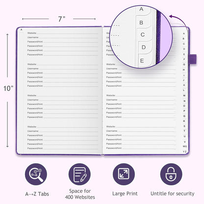JUBTIC Password Book with Individual Alphabetical Tabs, 7"x10" Internet Password Keeper Book for Seniors, Password Notebook and Organizer/Notes Section,Purple