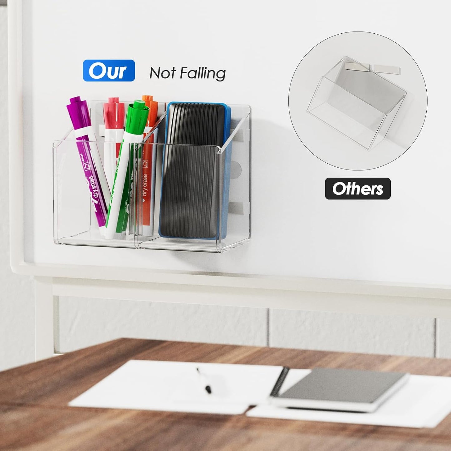 MaxGear Magnetic Dry Erase Marker Holder, Clear Acrylic Pen & Marker Organizer with 2 Compartments for Fridge, Whiteboard, Wall & Locker