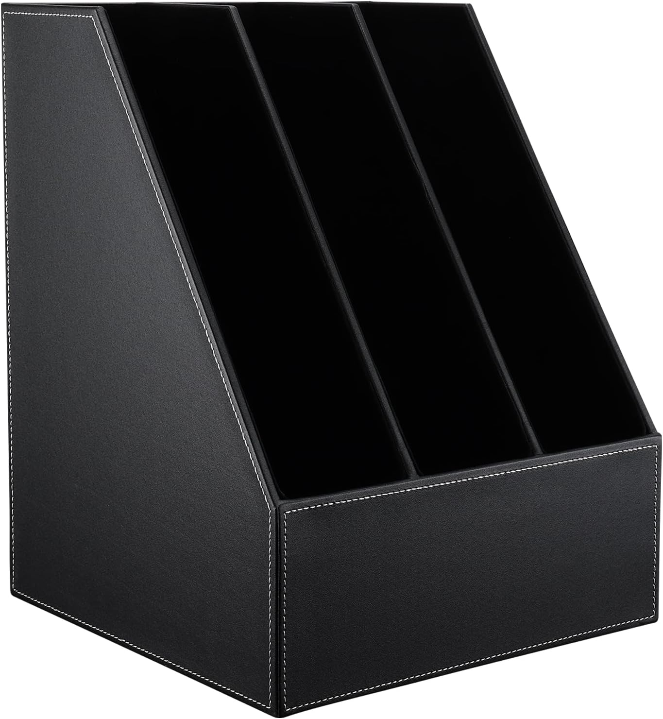KINGFOM Desktop Wooden Leatherette Magazine File Holder-Organizer-3 Compartment Stand Rack-Papers Storage Box (black)