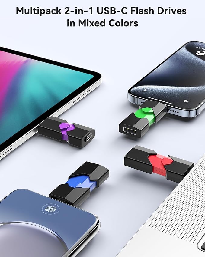 Aiibe 128GB USB C Flash Drive 5 Pack - Type C + USB A Memory Stick, Push-Pull USB 2.0 Thumb Drive (Black, Green, Red, Blue, Purple)