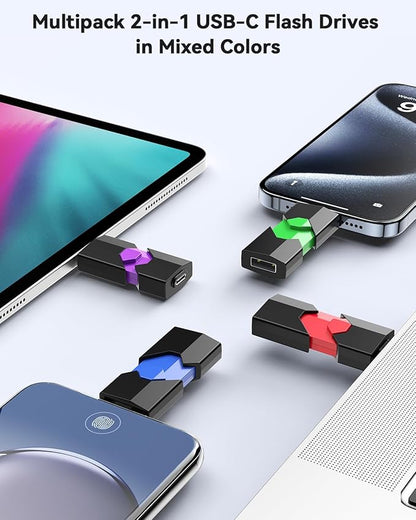 Aiibe 128GB USB C Flash Drive 5 Pack - Type C + USB A Memory Stick, Push-Pull USB 2.0 Thumb Drive (Black, Green, Red, Blue, Purple)