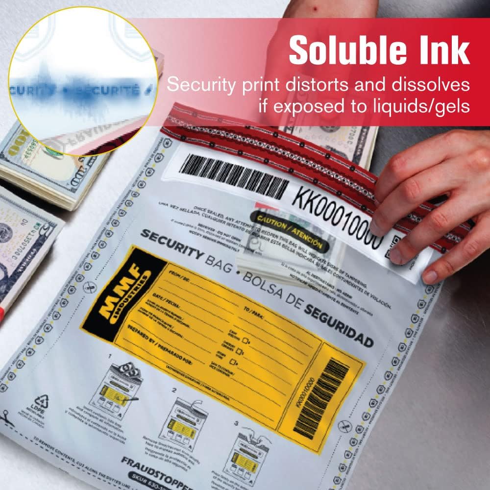 MMF Industries Cash Transmittal Bags | 12W x 16H | Pack of 100 | Unique Alphanumeric Numbering | Self-Sealing Adhesive | Four Tamper Indicators | Folded Bottom | Deposit Plastic Bags