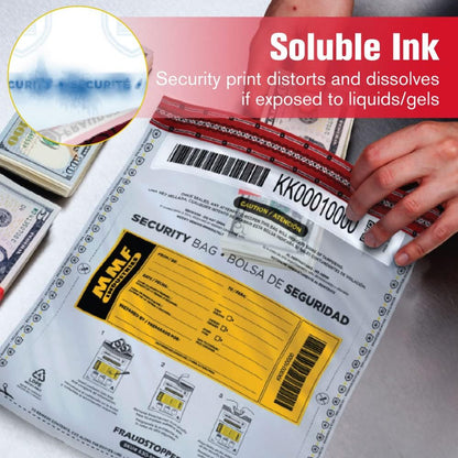 MMF Industries Cash Transmittal Bags | 9W x 12H | Pack of 100 | Unique Alphanumeric Numbering | Self-Sealing Adhesive | Four Tamper Indicators | Folded Bottom | Deposit Plastic Bags