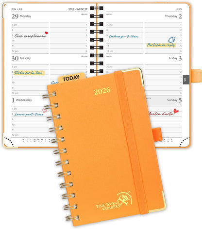 POPRUN 2026 Planner (Pocket Size 4''x 6.25'' Wire-Bond Hard Cover) Calendar Weekly and Monthly (Jan.2026-Dec.2026) Small Planner with Hourly Time Slots, for Purse, 100 GSM - Orange