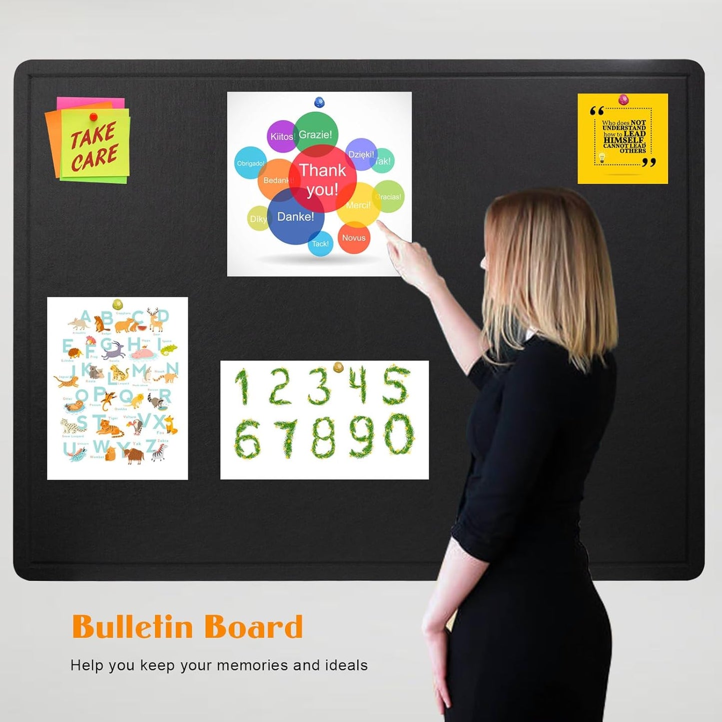 Large Bulletin Board, 48 X 36 inches Felt Board Notice Pin Board, 4' x 3'Cork Board Alternative for Wall, Self-Adhesive Vision Board Mood Board Foldable Photo Board with 30 Pushpin (Black)