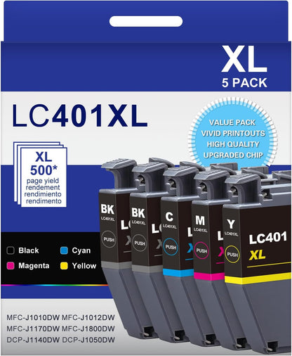 LC401XL LC401 High Yield MFC-J1010DW Ink Cartridges 5-Pack Compatible for Brother 401XL LC-401 Ink Cartridges Work with MFC-J1010DW MFC-J1170DW MFC-J1012DW MFC-J1800DW (2 Black, 1 Cyan Magenta Yellow)