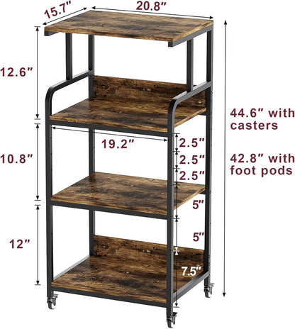4 Tier Printer Stand with Storage Shelf, Large Tall Printer Table for Home Office, Movable Printer Cart with Industrial Wheels for Paper Shredder Scanner Fax Heat Press Small Space (Rustic Brown)