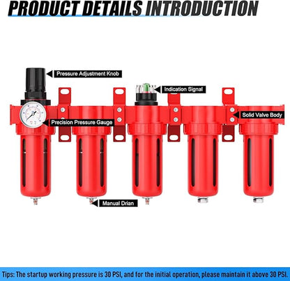 1/2" NPT Industrial Grade 5 Stage Aluminum Air Drying System,Double Coalescing Filter,Particulate Filter,Double Desiccant Dryer and Air Regulator,Manual Drain For Plasma Cutter and Paint Spray