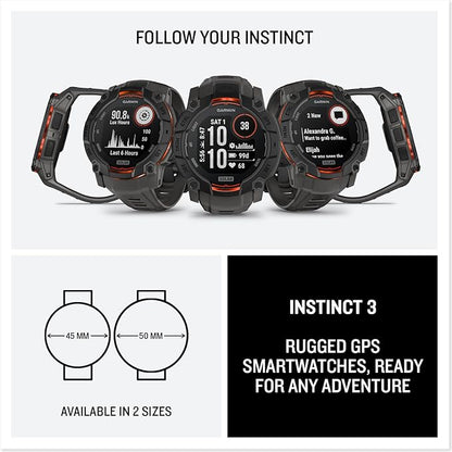 Garmin Instinct® 3 50mm, Solar Charged Display, Rugged Outdoor GPS Smartwatch, Metal-Reinforced Bezel, Built-in Flashlight, Charcoal