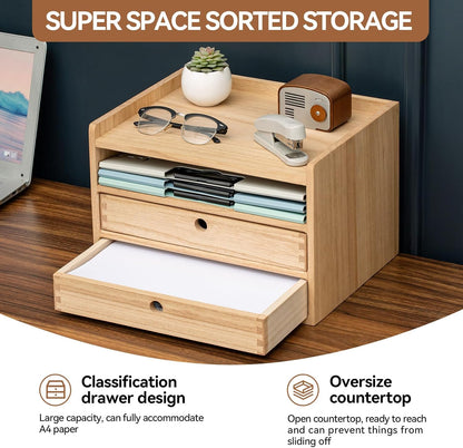 KIRIGEN Desktop Organizer with 2 Drawers and Tray - Wood Office Desk Storage Shelf for Office Supplies - Small Cabinet for Countertop Accessories Storage 3 Layer Natural（DT3D2C-NA）