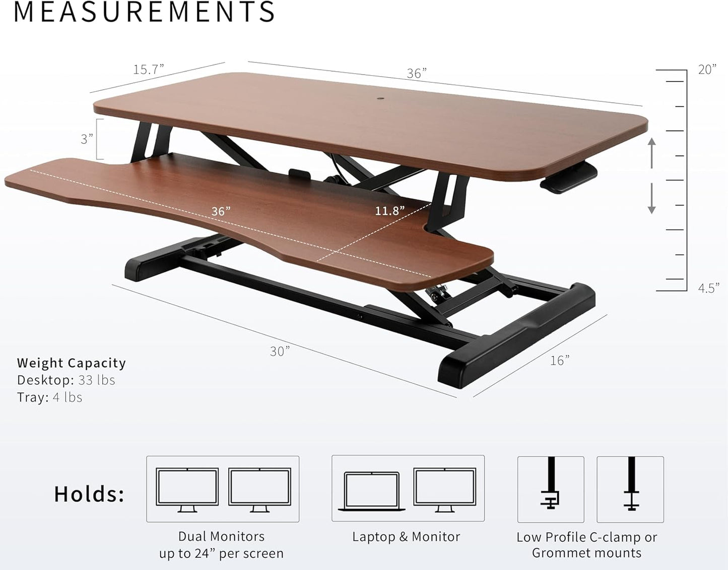 VIVO 36 inch Desk Converter, K Series, Height Adjustable Sit to Stand Riser, Dual Monitor and Laptop Workstation with Wide Keyboard Tray, Dark Walnut Top, Black Frame, DESK-V036KA