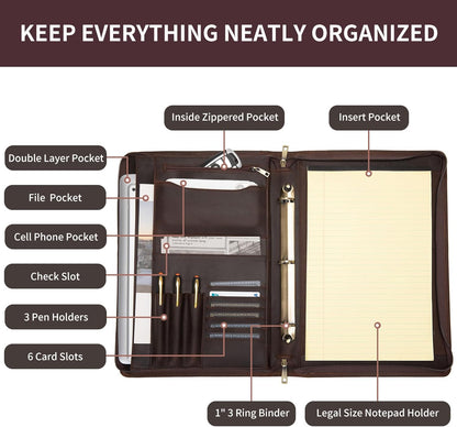 Personalized Genuine Leather 3 Ring Binder Portfolio, Custom Engraved 8.5 x 14 Legal Size Pad Padfolio, Hidden Handle, 15” Laptop Organizer, Zip Professional Business Folio, Dark Khaki
