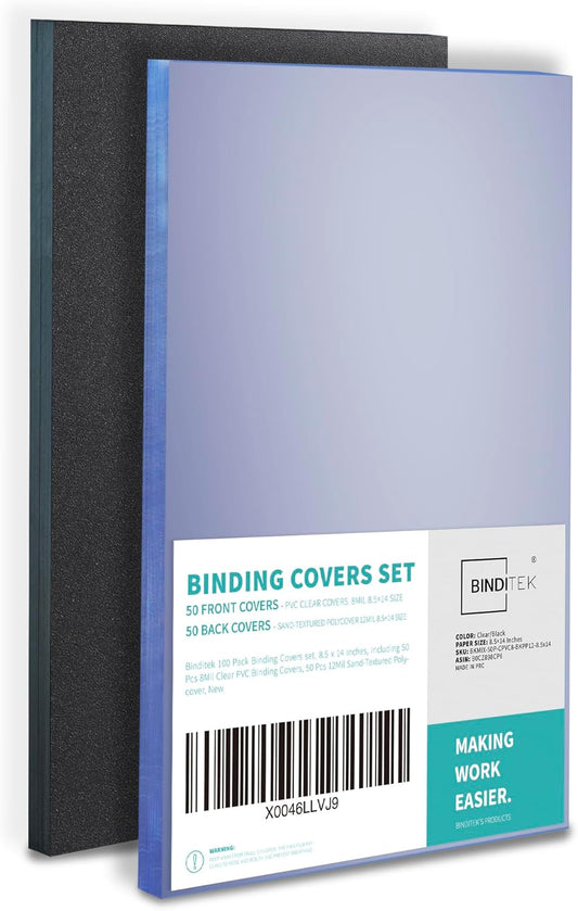 Binditek 100 Pack Binding Covers and Backs Set, 8.5 x 14 Inches, 50 Clear PVC (8Mil), 50 Sand-Textured Polycovers (12Mil), Legal Size