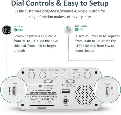 Digital Dual Alarm Clock for Bedroom, Easy to Set, 0-100% Dimmer, USB Charger, 5 Sound Adjustable Volume, Weekday/Weekend Mode, Snooze, 12/24Hr, Battery Backup, Compact Clock for Bedside(White)