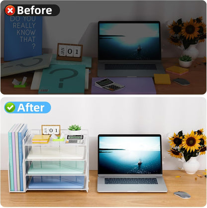 Marbrasse Desk Organizer and Accessories，4-Tier Paper Letter Tray Organizer with File Holder，Desk Accessories & Workspace Desktop Organizers for School Home Office Supplies (White)