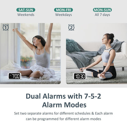 Digital Dual Alarm Clock for Bedroom, Easy to Set, 0-100% Dimmer, USB Charger, 5 Sound Adjustable Volume, Weekday/Weekend Mode, Snooze, 12/24Hr, Battery Backup, Compact Clock for Bedside(White)