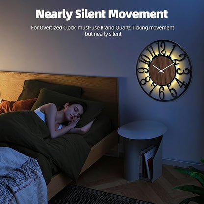 32 Inch Large Metal Wall Clock with Voice and Light Sensor Night Light, Glow in The Dark Non-Ticking Silent Battery Operated Decorative Oversized Wall Clock for Bedroom Living Room Decor