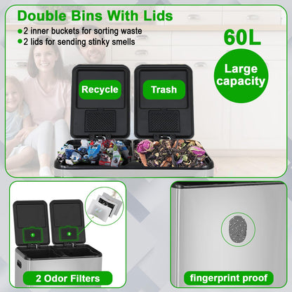 PayLessHere Trash Can, 16 Gallon (2x8G) 60 Liter Rectangular Trash Cans Stainless Steel Step Trash Can with Inner Buckets and Hinged Lids, Suitable for Kitchen Office Home Use,Silver