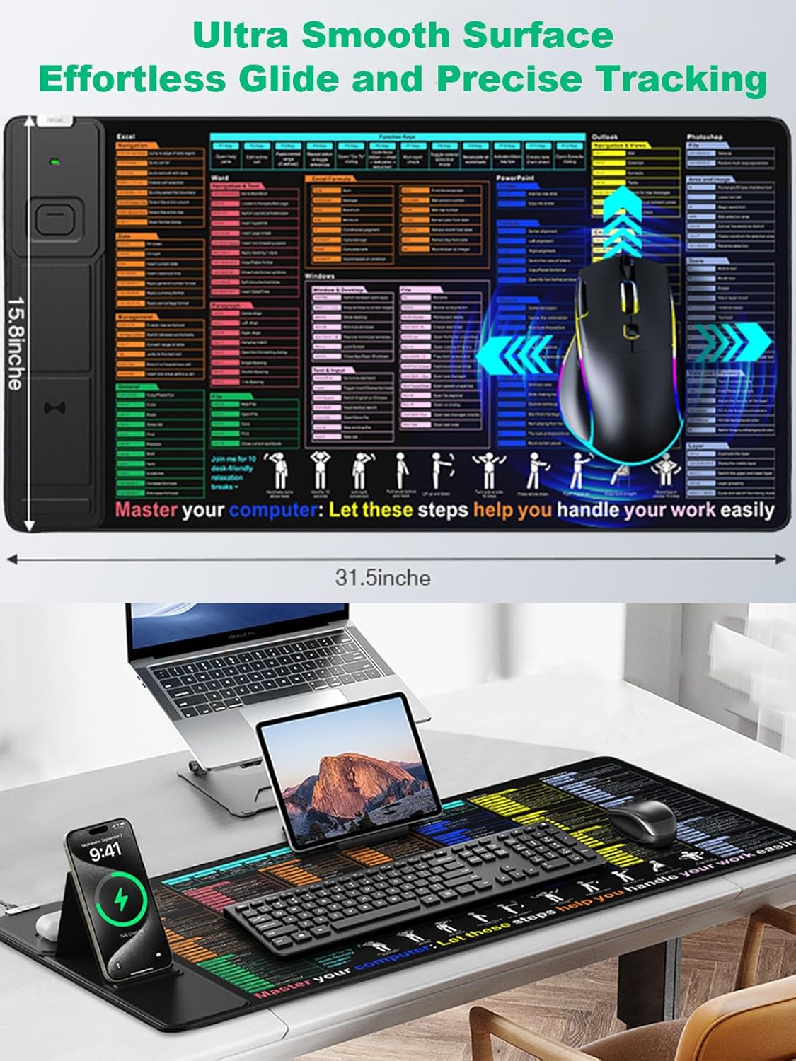 Mouse Pad with Excel Shortcut Keys, Desk Pad with Wireless Charger & Phone Stand, XXL Large Cheat Sheet Mousepad | PC Office Spreadsheet Keyboard Mat | Non-Slip Stitched Edge for Home Office Work