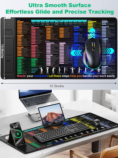 Mouse Pad with Excel Shortcut Keys, Desk Pad with Wireless Charger & Phone Stand, XXL Large Cheat Sheet Mousepad | PC Office Spreadsheet Keyboard Mat | Non-Slip Stitched Edge for Home Office Work