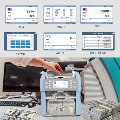 RIBAO MC-165 Two-Pocket Mixed Denomination Money Counter Machine, Value Counting, Blue Bill Counter Multi Currency,2 CIS/UV/MG/IR Counterfeit Detection for Bank, 4.3 inch Large Touch Screen