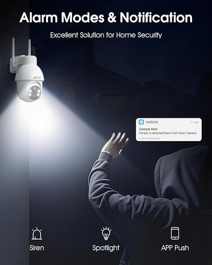 ANRAN 4K Solar Security Camera Outdoor Wireless-360° PTZ, 8MP Color Night Vision, Battery-Powered WiFi Camera with PIR Detection, 2-Way Audio, No Wiring Needed, Compatible with Alexa