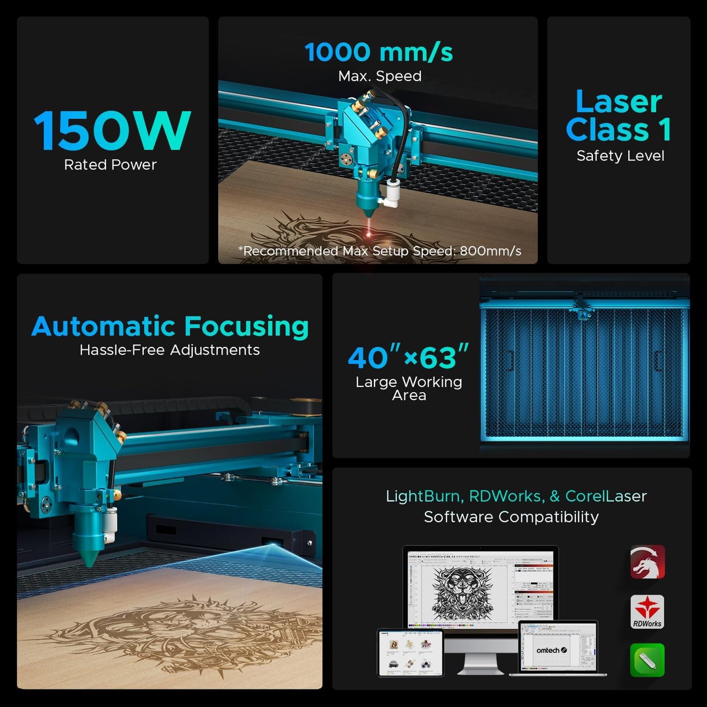 OMTech Pronto 150W CO2 Laser Engraver – 63"x40" Laser Cutter with Autofocus, 2-Way Pass, Air Assist, Red Dot Pointer | Ideal for Wood, Acrylic, Glass & More