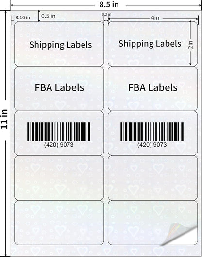 STARLIBOO Transparent Stickers Labels - 2" x 4" Clear Address Labels Mailing Stickers for Laser/Inkjet Printer 8.5"×11"- 20 Sheet (Clear Holographic Heart)