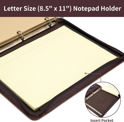 3 Ring Binder Genuine Leather Portfolio, Front Pocket, 8.5 x 11 Legal Pad Padfolio for Men and Women, Zippered Notepad Laptop Organizer, Business Executive Work Folio, Dark Brown, Oil Tanned