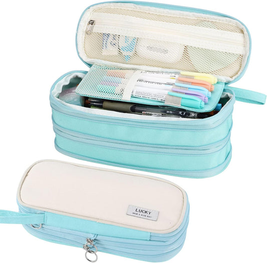 Big Pencil Case Zipper Pencil Pouch Organizer Large Capacity Pen Bag with Handle Portable for Girls Kids Adults Gift Pen Case for School Home Office Light-blue