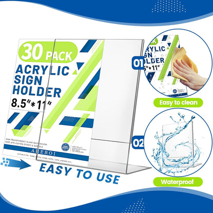Aheroi Acrylic Sign Holder 8.5 x 11, 30Pcs Plastic Sign Holder 8.5 x 11 Standing, Clear Paper Holders Acrylic Paper Document Holders, Plastic Stands Flyer Display,Office School Table Supplies