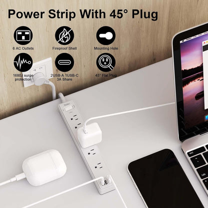 6Ft Power Strip Surge Protector - Yintar Extension Cord with 6 AC Outlets and 3 USB Ports for Home, Office, Dorm Essentials, 1680 Joules, ETL Listed, Grey