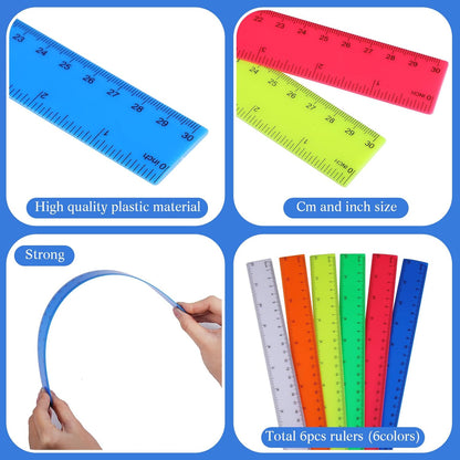 Zonon 6 Pcs 12 Inch Ruler Bulk Colorful Plastic Flexible Straight Metric Rulers with Centimeters and Inches Drafting Measuring Tool for Classroom School Students Education