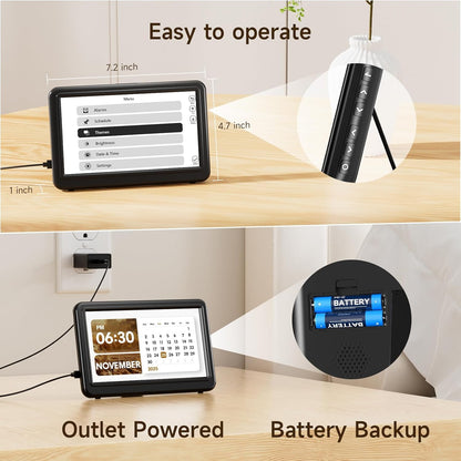 Raynic Date Clock, Digital Calendar Clock with 12 Themes, 20 Alarms, 20 Reminders, Semi-Automatic Dimming, 12/24 Hours, Auto DST for Desktop, Office, Students (Black, 7 Inches)