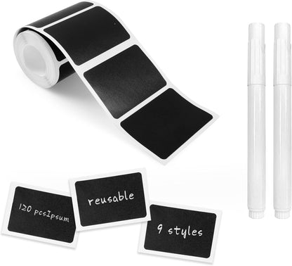 MUWOOB Chalkboard Labels, 120pcs Black Reusable Waterproof Stickers with 2 Erasable White Chalk Markers for Kitchen Pantry, Containers, Mason Jars, Condiments, Food Storage (Rectangle)