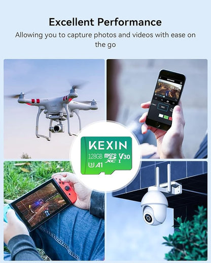 KEXIN 128GB Micro SD Card 3 Pack with Adapter - Up to 90MB/s 4K, V30, A1, C10, 4K UHD High Speed microSDXC UHS-I Memory Card Compatible with Action Camera Drone Game Smartphone Tablet 128G 3Pack