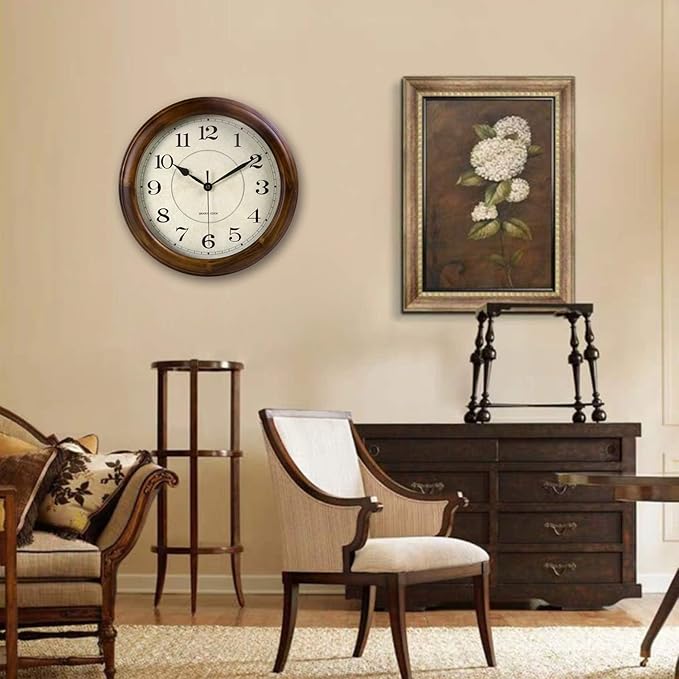 Kesin Wall Clock Wood 14 Inch Silent Wall Clocks Large Decorative Battery Operated Non Ticking Analog Retro Clock for Living Room, Kitchen, Bedroom