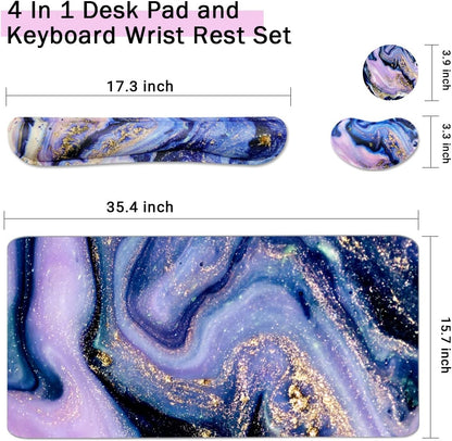 4-in-1 Large Gaming Mouse Pad, Keyboard Wrist Rest Pad & Wrist Support Mousepad Set, Extended Desk Pad Waterproof Desk Mat for Home Office Study Game - Purple Marble