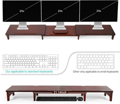 Nnewvante Monitor Stand Riser, Upgrade Height Large TV Riser, 60 inch Large Bamboo Dual Monitor Stand for Desk, 3 Shelves Desktop Screen Riser with Adjustable Length Angle for Computer Laptop Walnut