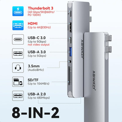USB C Adapter HDMI USB Multiport Hub,8 in 2 Accessories with HDMI,Thunderbolt 3,USB C and 3 USB A 3.0 Data Ports SD TF Card Reader, Audio(Sliver)