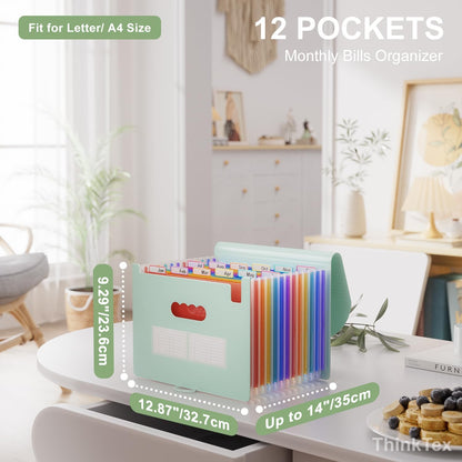 ThinkTex Accordion File Organizer, 12 - Pocket Expanding File Folders for Paper Receipts, Bills&Taxes Organizer, Letter/A4 Size Document Holder for School, Office, Home with tabs-Sage Green